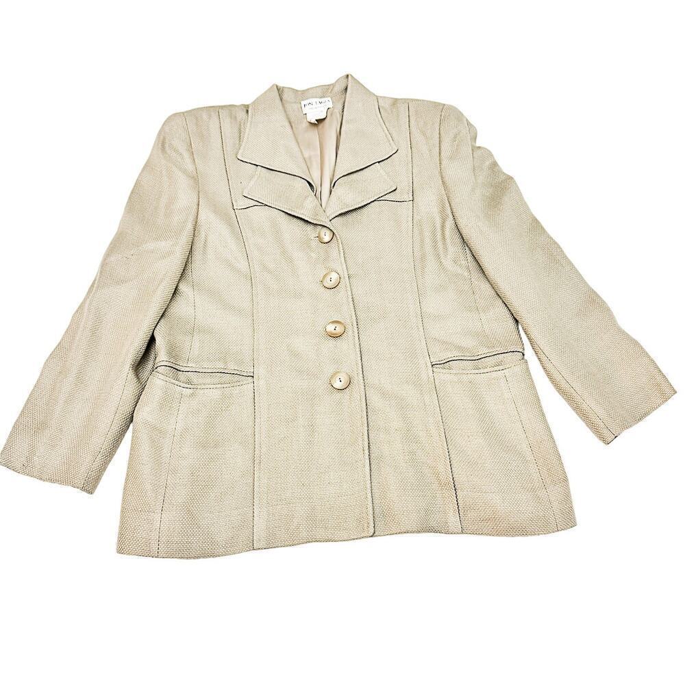 John Tagia Linen Blend Woven Button Down Blazer Shoulder Pads Size 16
